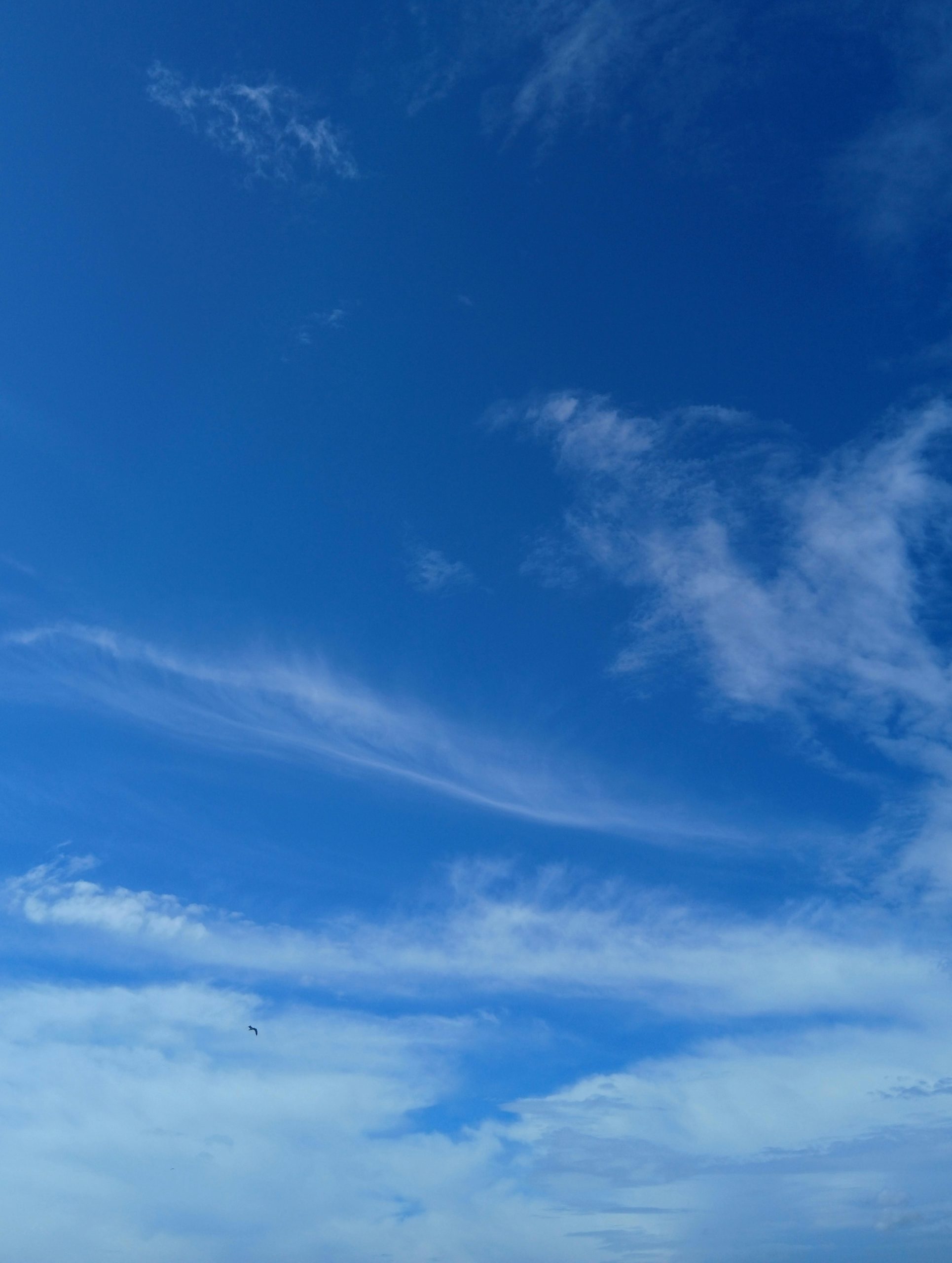 Vast blue sky with wispy white clouds on a clear day, offering tranquility and space.