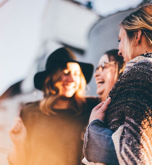 happy holidays, women, talking, laugh, happy, friends, casual, outdoors, people